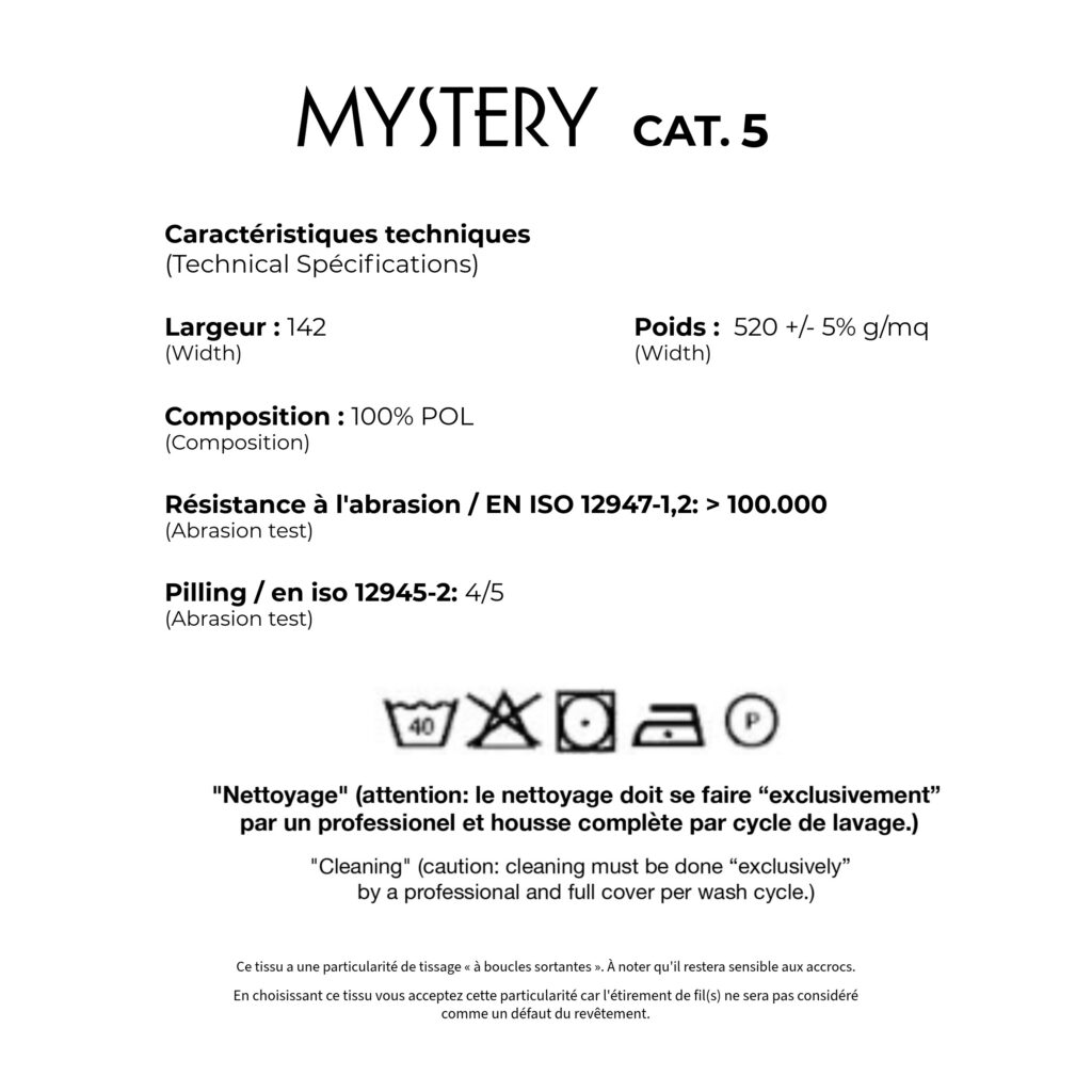 Etiquette des caractéristiques pour le tissus Mystery.